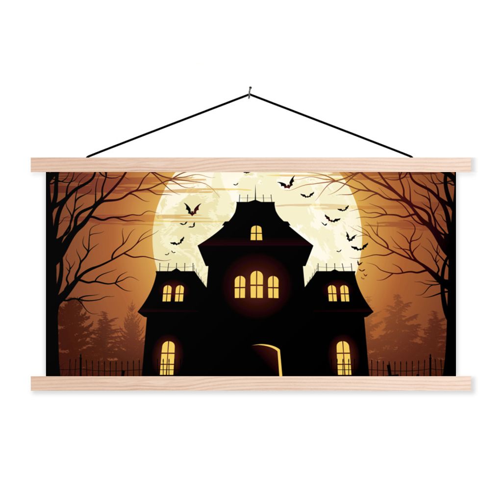 MuchoWow Textilposter Ein gespenstisches und einsames Haus während Halloween in einer Illustration 120x60 cm mit holzfarbenen Rahmen - Klemmleiste