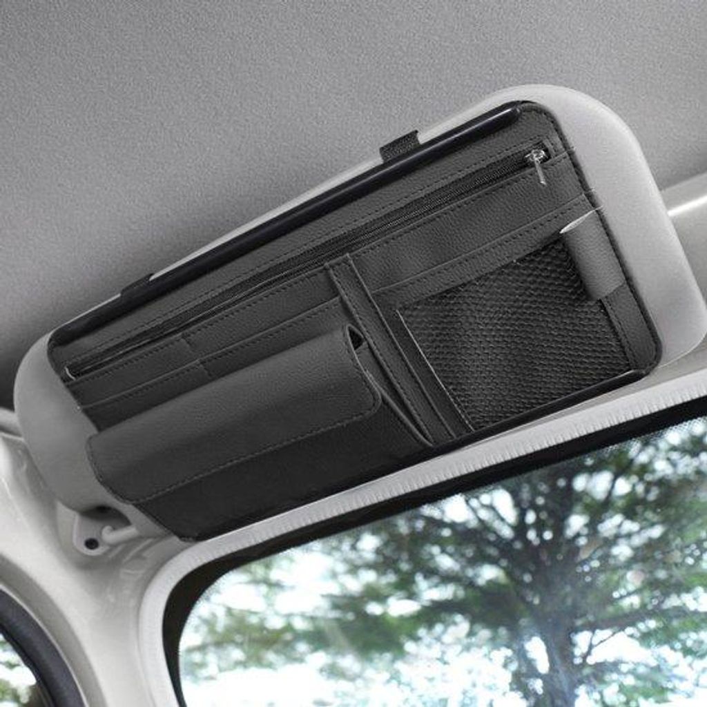 Autozonneklep Organizer in Leder für Autos mit Sonnenvisierhalterung, Schwarz