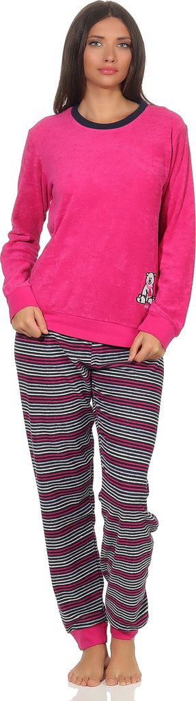 Damen Frottee Pyjama Schlafanzug langarm mit Bündchen und süsser Bär-Applikation 20113777 ; pink , 40/42