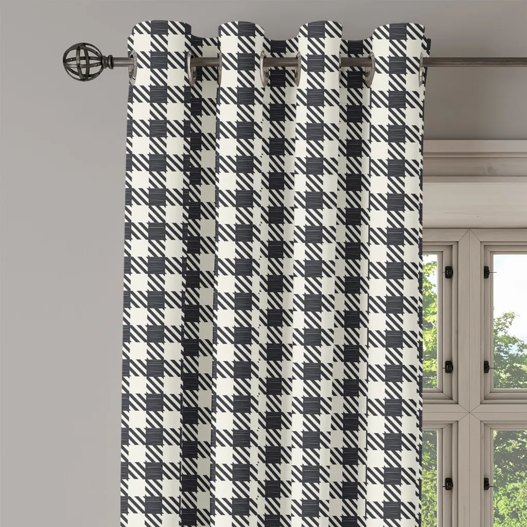 ABAKUHAUS Tenda a occhielli a quadri, strisce diagonali e quadrati monocromatici, motivo geometrico sfuggente, revival delle piastrelle, tende decorative a 2 pannelli, 280 cm x 225 cm, bianco, grigio antracite - 2