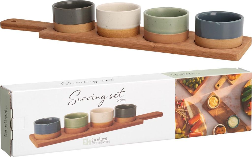 4er-Set Keramik-Servierschalen Bambustablett Produktbild 