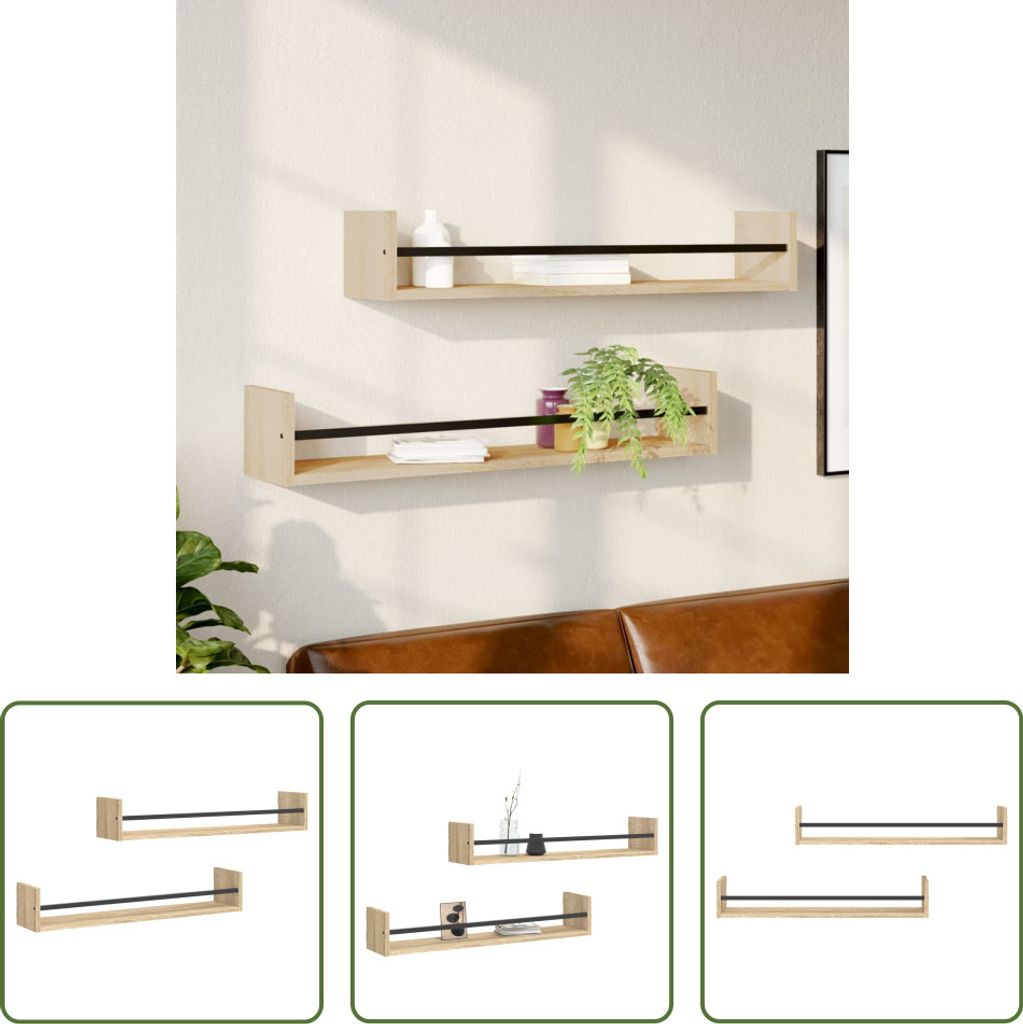 The Living Store Wandregale mit Stangen 2 Stk. Sonoma-Eiche 80x16x14 cm