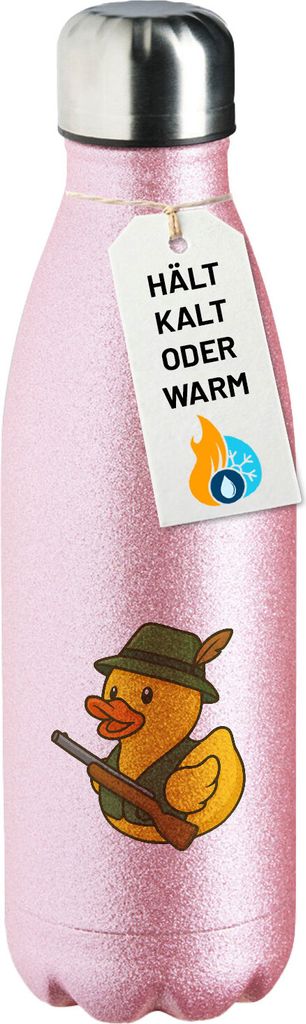 Huuraa Trinkflasche Quietscheente Jäger Comic Gummiente 500ml Pink Edelstahl Wasserflasche Trinkflasche Geschenkidee