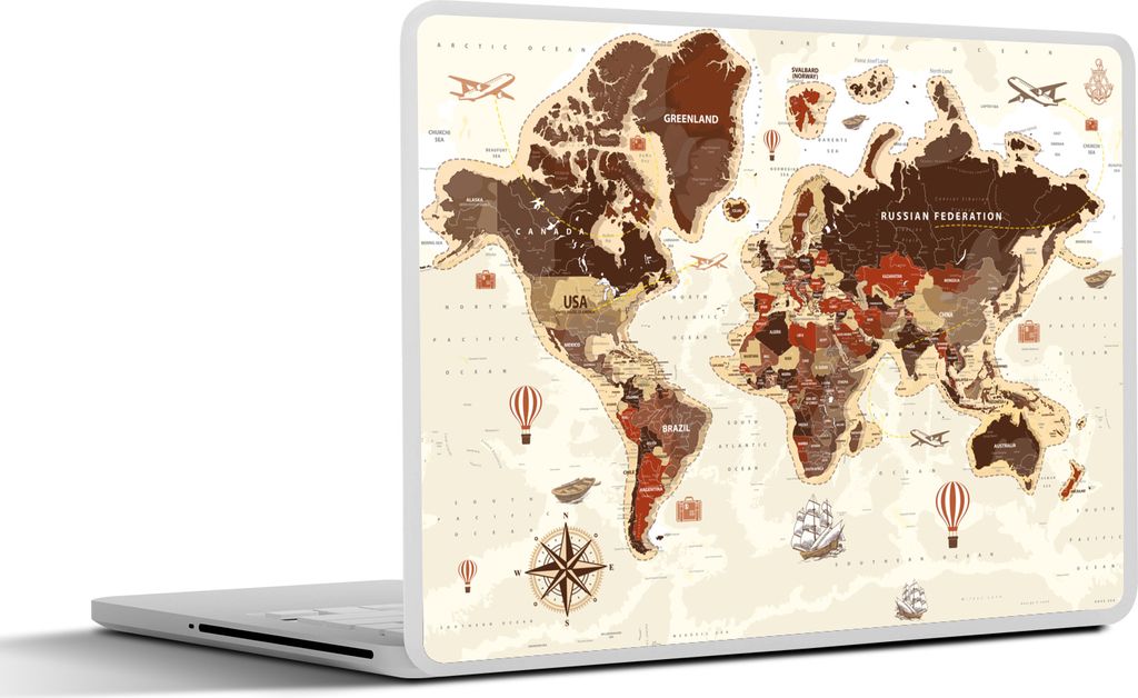 MuchoWow Laptop Aufkleber Sticker Cover Weltkarte - Vintage - Kompass 31x22.5 cm - Laptop-Deko