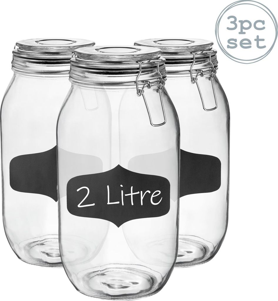 Vorratsgläser aus Glas mit Etiketten – 2 Liter – schwarze Versiegelung – 3 Stück