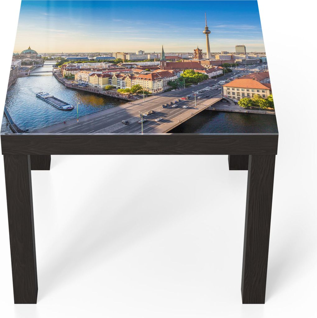 DEQORI Couchtisch 55x55 cm Schwarz 'Berlin aus der Luft' Glas Beistelltisch