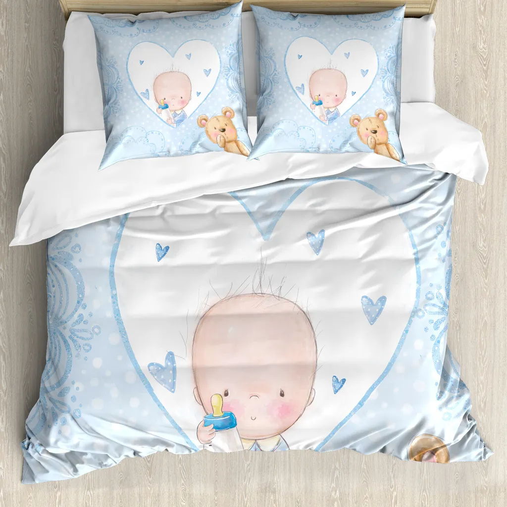 Linge de lit enfant 200x200 cm ours bleu et sable pour allergiques