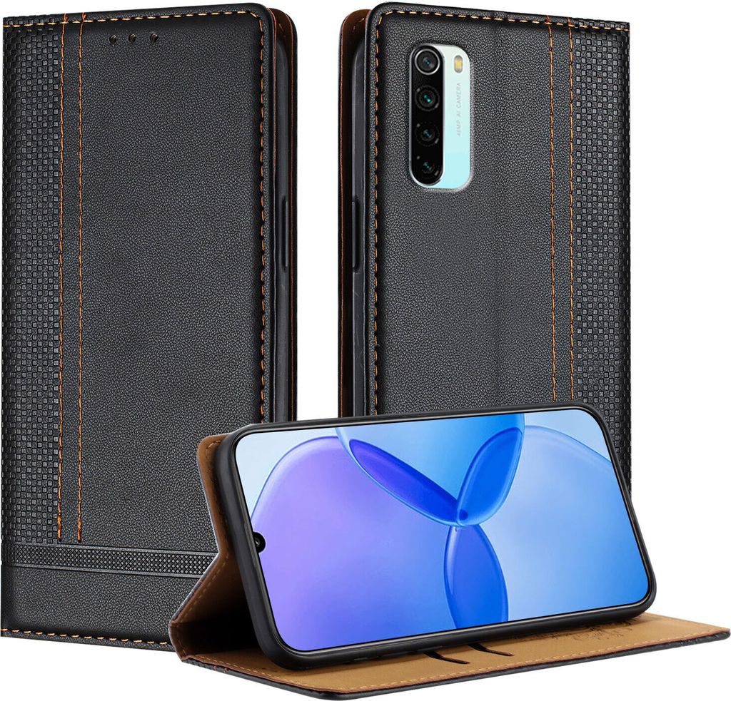 Handyhülle für Xiaomi Redmi Note 8 Leder Flip Klappbare Schutzhülle mit Standfunktion Schwarz