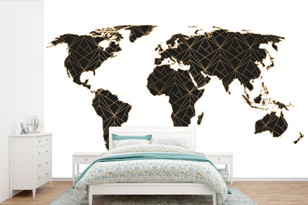MuchoWow Fototapete für Wohnzimmer oder Schlafzimmer Wandtapete Vinyl Motivtapete Weltkarte - Schwarz - Gold - Kinder - Jungen - Mädchen - 600x...