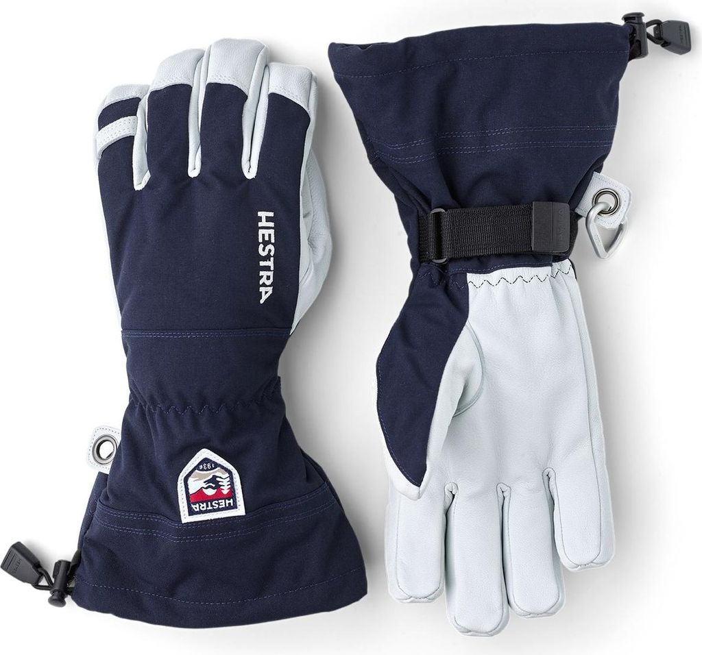 Skihandschuhe "Army Leather Heli Ski - 5 finger" von Hestra in Blau und Grau; mit verstellbarem Handgelenk.