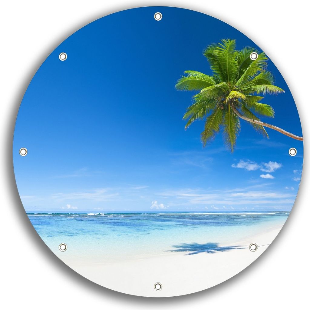 Wallario rundes Outdoor-Poster für Garten oder Balkon, Motiv Weißer Sandstrand am Meer - Ein Traum unter Palmen, 30 cm Durchmesser