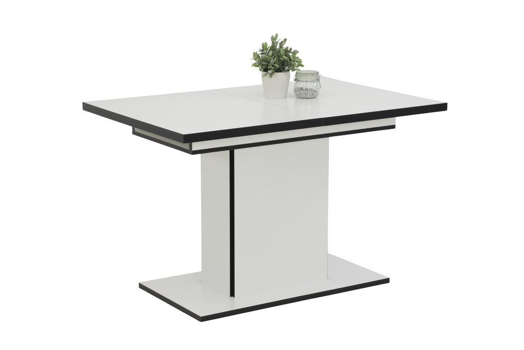 A modern dining table with a white surface and black accents, set against a white background. A small potted plant and a glass object are placed on top.