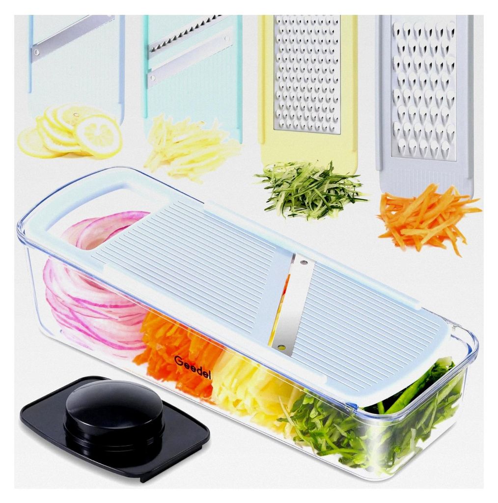 4-in-1 Multifunktionale Mandoline Gemüsehobel, Zwiebelschneider, Gemüseschneider Manuell, Käsereibe, Julienneschneider, Gurkenhobel (Hellblau)