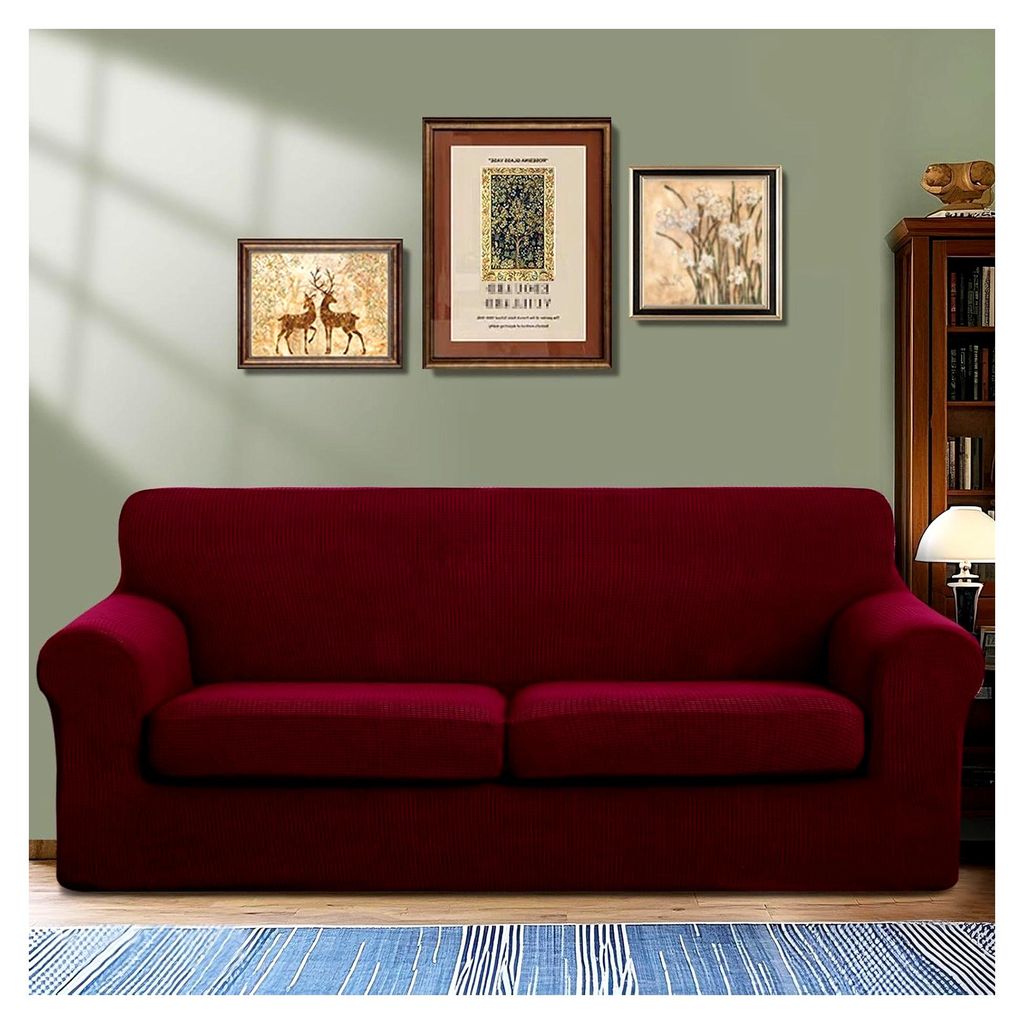 2er Set Stretchbezug für 1 Sitzkissen, weicher Schutz, waschbar, haustierfreundlich (Bordeauxrot, 183-234cm 2 Sitzkissen Sofa)