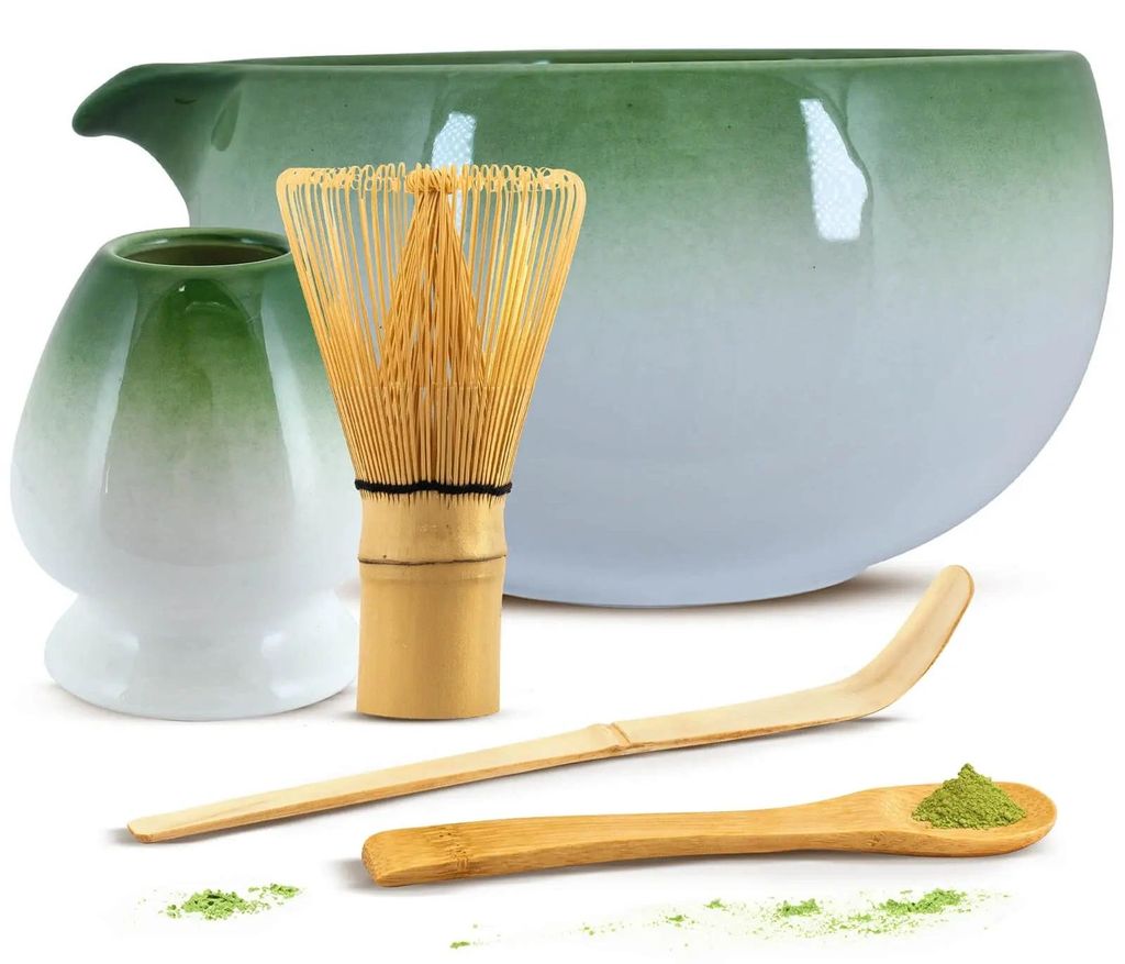 Cebador - Matcha Tee Set Hayashi 420ml - Keramik Schale Mit Ausguss & Kusenaoshi Halter - Komplettes Bambus Zubehör Chasen Chashaku - Grün Glasiert