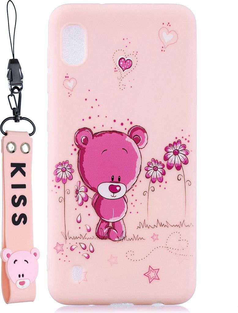 Für Samsung A10 Cartoon Lovely Coloured Painted Soft TPU Rückendeckung rutschfest Full Protective Case mit Lanyard Light Pink