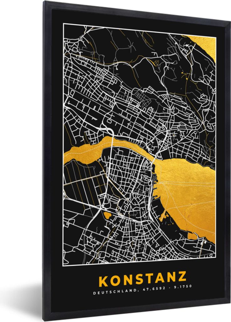 MuchoWow Gerahmtes Poster Konstanz - Gold - Stadtplan - Deutschland - Karte 40x60 cm - Poster mit Schwarzem Bilderrahmen Wandposter Rahmen Foto B...