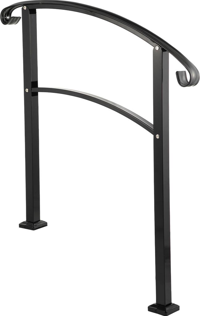A black metal handrail for outdoor stairs, shown against a white background.