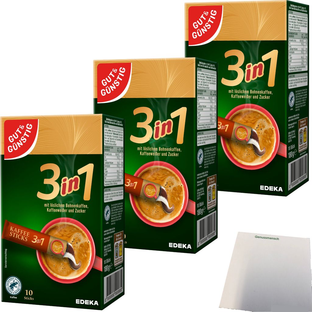 Gut & Günstig Kaffeesticks 3in1 löslicher Bohnenkaffee mit Kaffeeweißer und Zucker 3er Pack (3x180g Packung) + usy Block