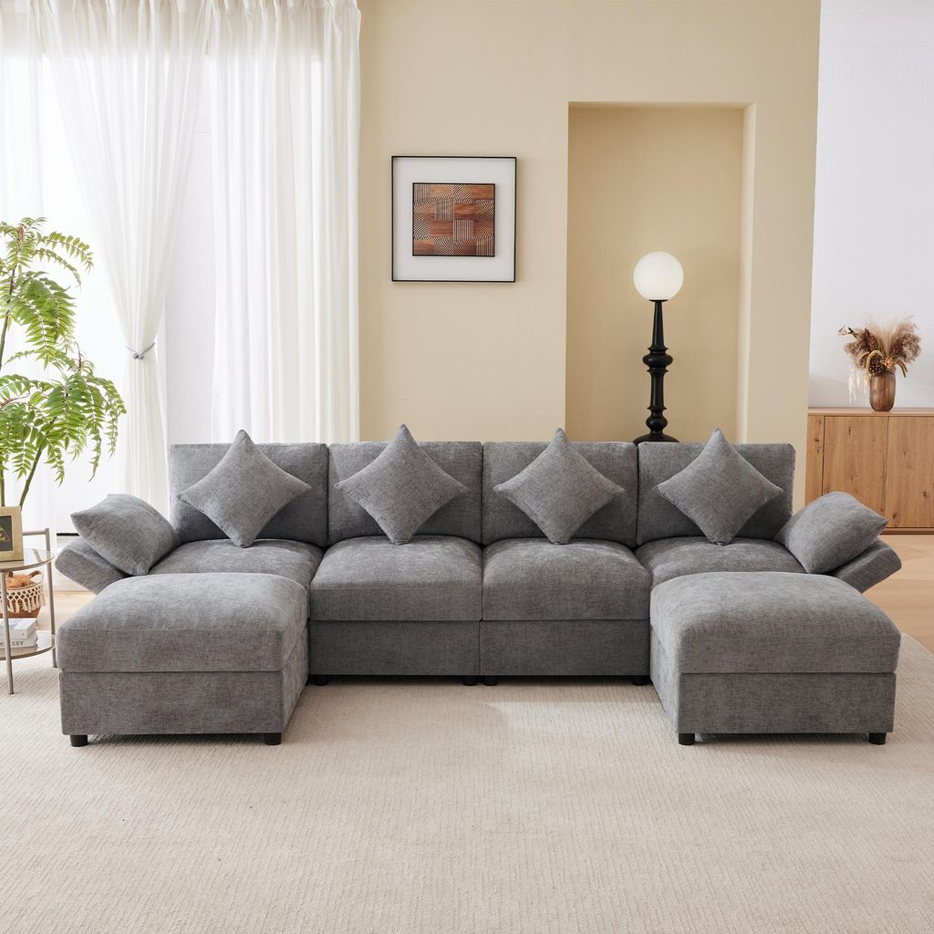 Modulares U‐/L‐förmiges Chenille‐Sofa mit 2Hockern,umwandelbare Eckcouch mit verstellbaren Armlehnen,Cloud‐Sofa,4Dekokissen 2Kopfstützen,...