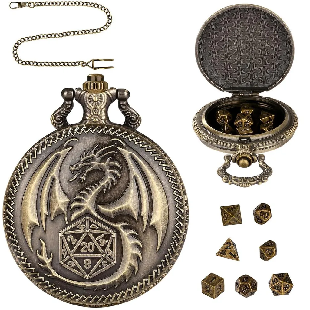 Set de 7 dés D&D en métal bronze avec un étui de montre dragon