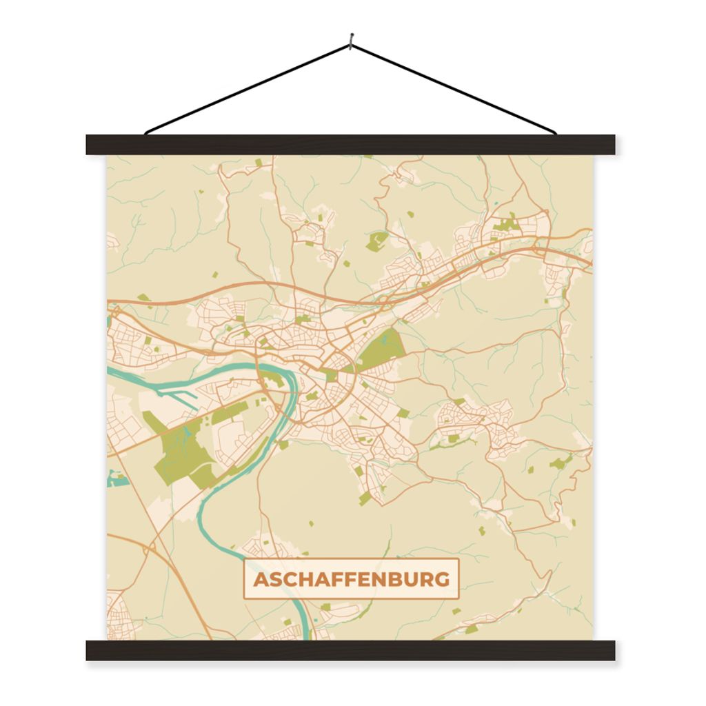 MuchoWow Textilposter Karte - Jahrgang - Aschaffenburg - Karte 90x90 cm mit schwarzem Rahmen - Magnetisches