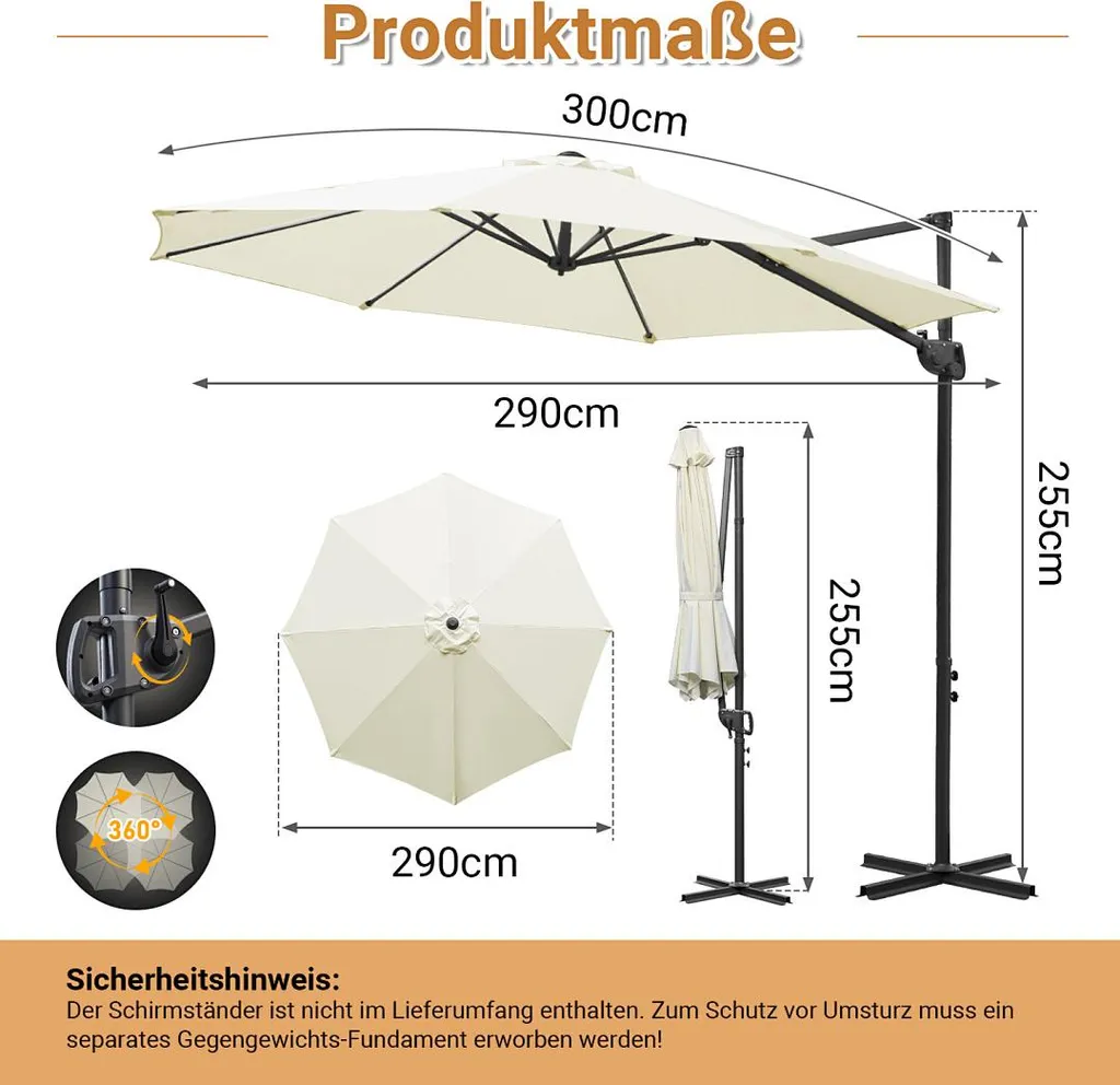 Parasol orientable 3x3m UV50+ Izrielar : inclinaison et rotation 360° - 2