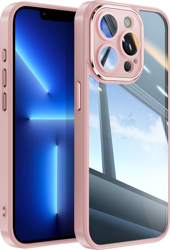 Handyhülle für iPhone 13 Pro Hybrid Transparent TPU PC Militärschutz mit Kameraabdeckung Pink