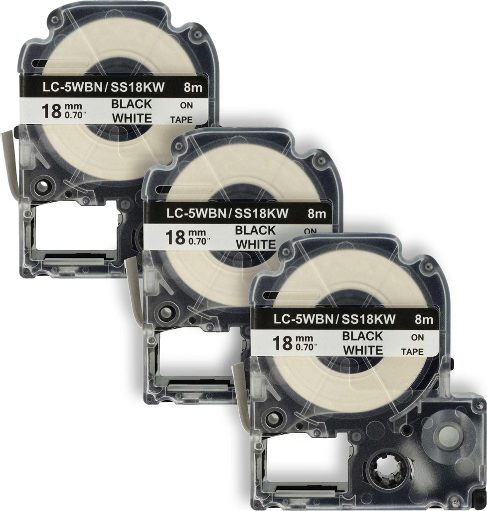 vhbw 3x Schriftband-Kassette Ersatz für Epson SS18KW, LC-5WBN für Etiketten-Drucker 8m x 18mm Schwarz auf Weiß