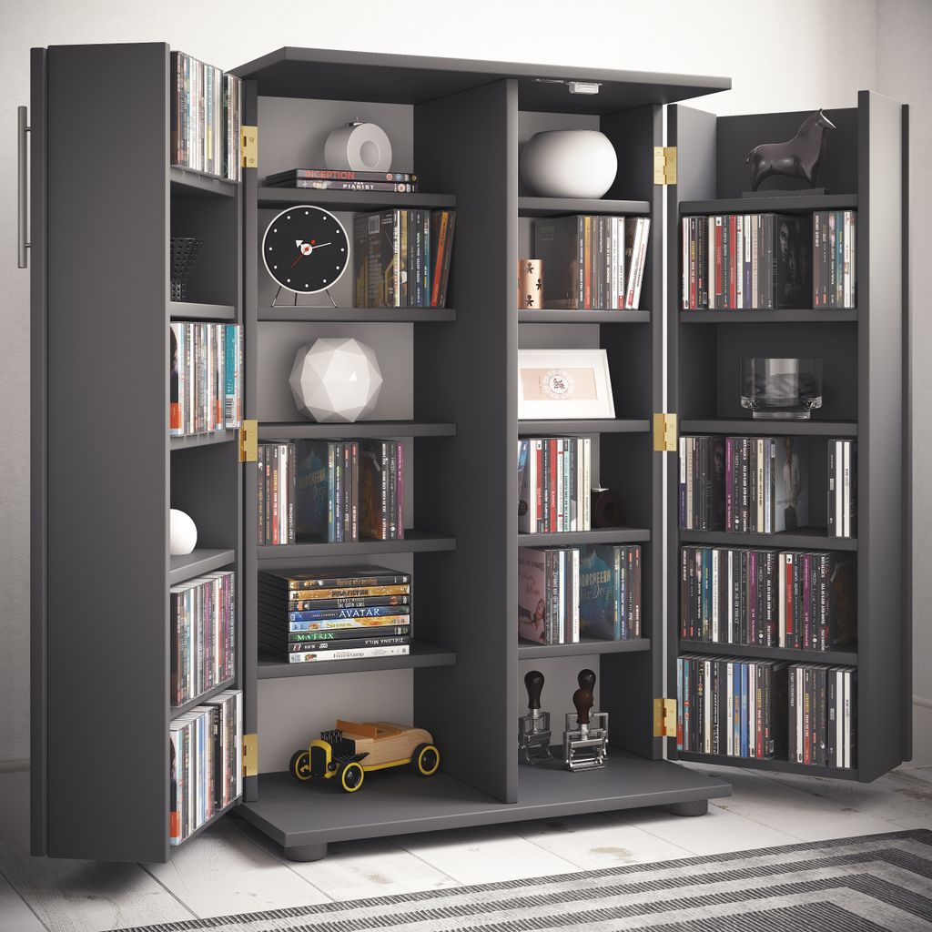 VCM Holz CD DVD Stand Regal/Schrank | platzsparender CD Schrank mit 2 abschließbaren Türen für 600 CDs oder 260 DVDs oder 144-Videos | Maße: H....
