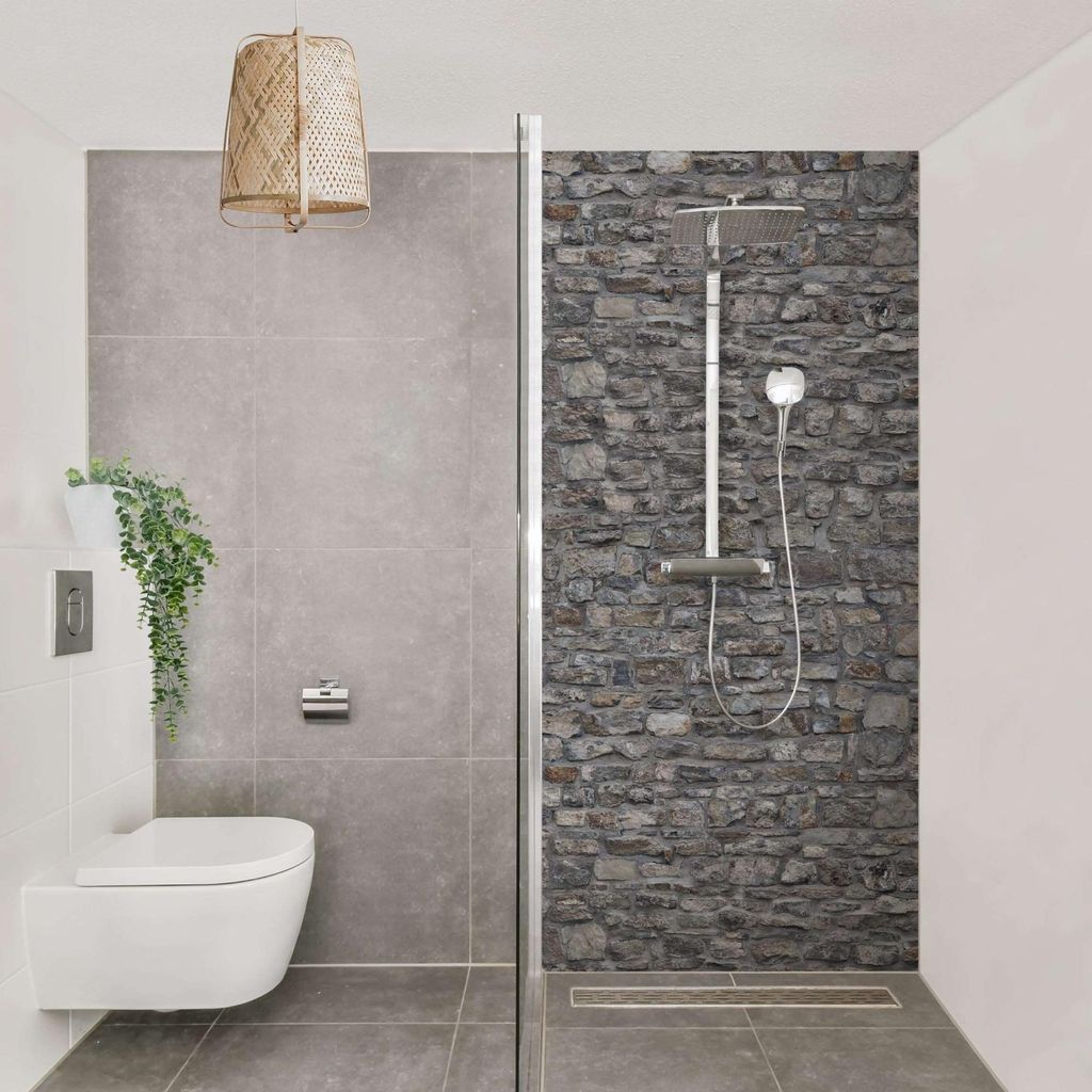 Duschrückwand mit Motiv selbstklebend - 0.35 mm Wandpaneel wasserfest Naturstein grau Steinoptik Shabby Badrückwand fugenlos Smart matt 80x210 cm