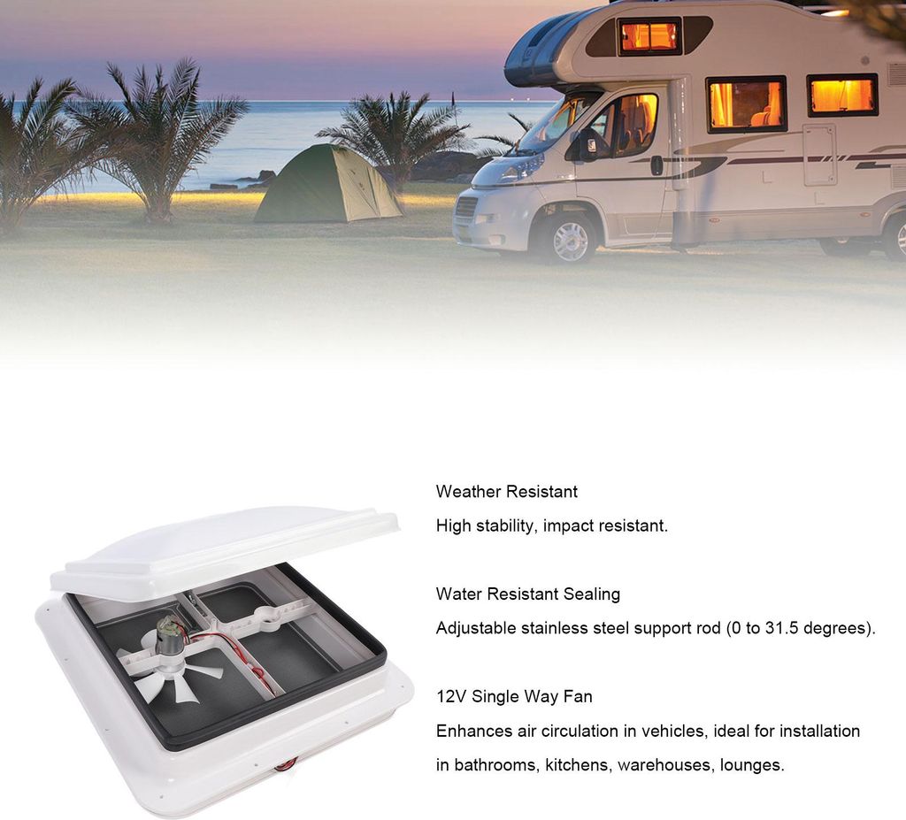 340 x 340 mm Dachventilator für Wohnmobile, 12 V, wasserabweisend, einseitiger Entlüftungsauslass mit Netzgitter-Stützstange für Wohnmobil-Anh...