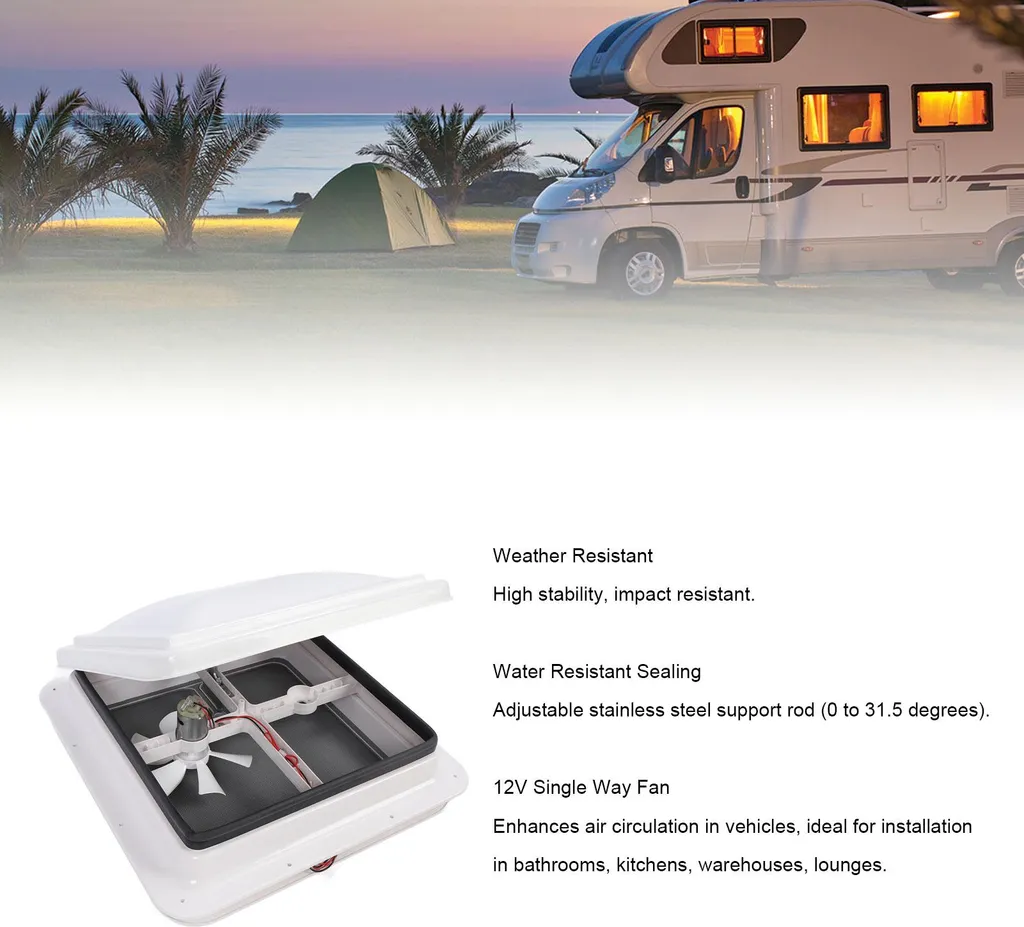 Aérateur de toit hydrofuge 12V avec sortie unilatérale et grille 34cm