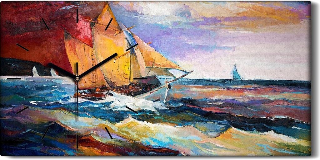 Wanduhr Uhr Wandbild Leinwand 60x30 Landschaft Ozean Schiff Meereswellen - schwarze Hände