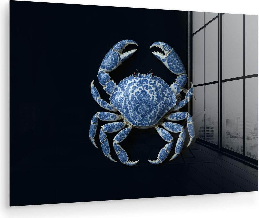 MuchoWow Glasbilder - Bilder auf Wandbild - Foto auf Glas Krabbe - Delfter Blau - Tiere 30x20 cm Wanddekoration aus Glas - Acrylglasbild - Acrylbil...