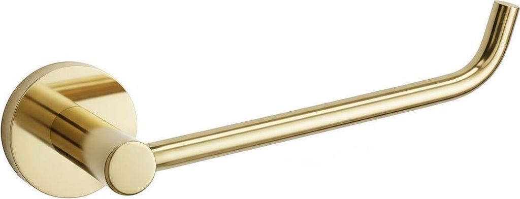 A gold toilet paper holder mounted on a wall.
