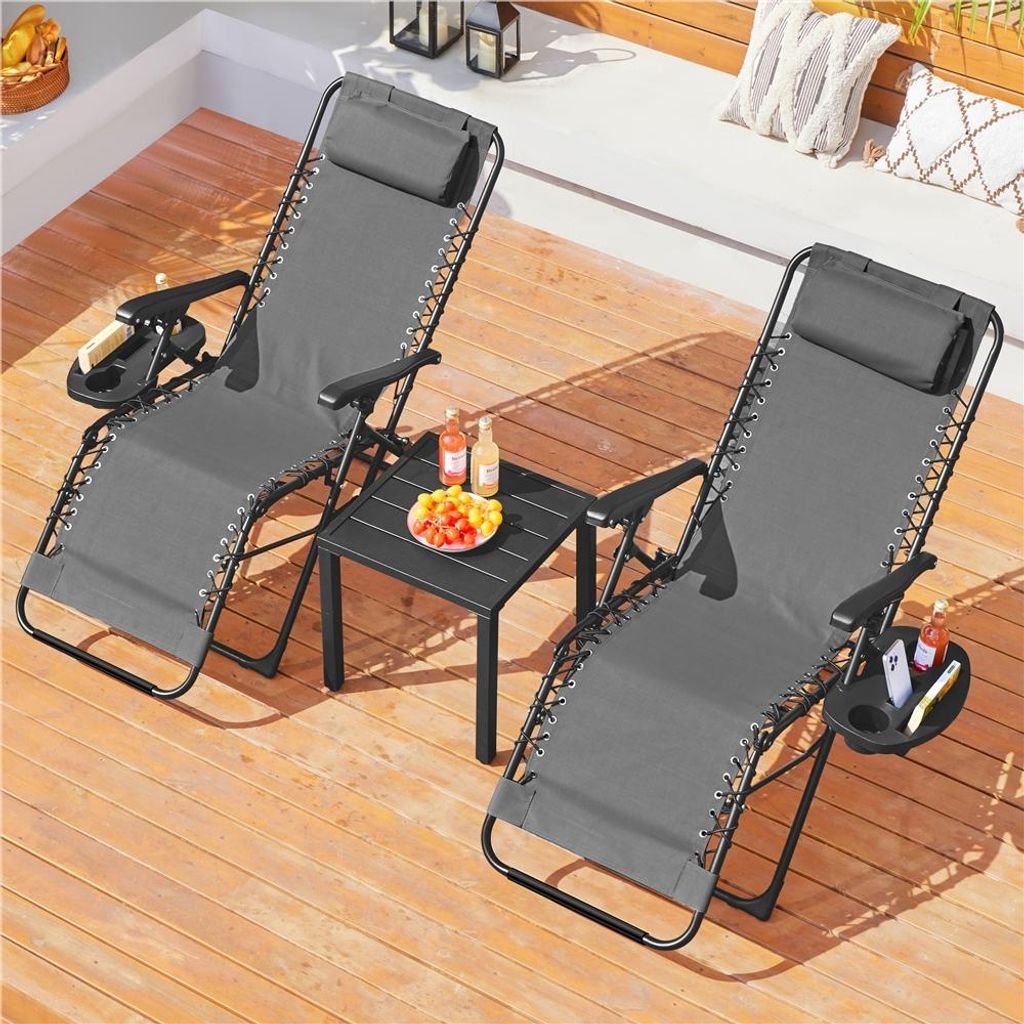 Yaheetech 2er Set Gartenliege klappbare Sonnenliege mit Becherhalter Kopfkissen, Dunkelgrau