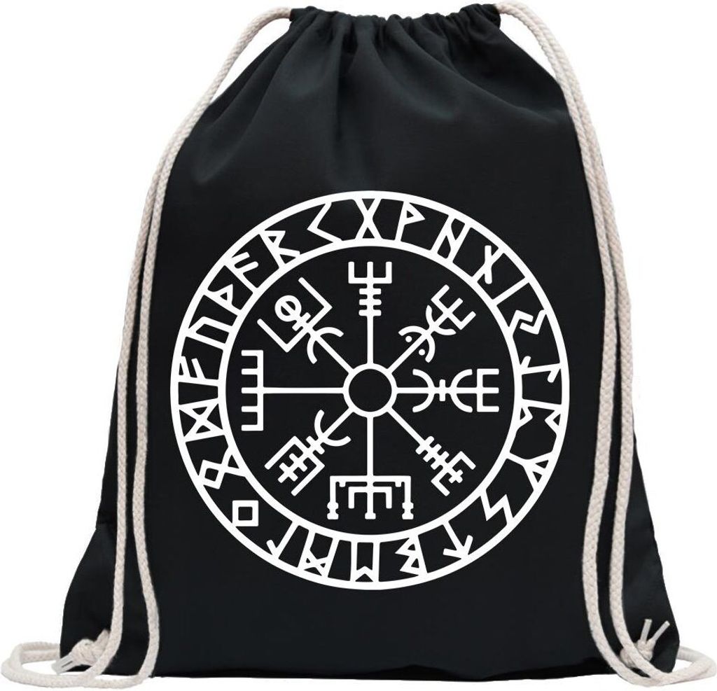 Kiwistar - Turnbeutel - schwarz - Wikingerkompass Runen - Fun Rucksack Sport Beutel Gymsack Baumwolle mit Ziehgurt