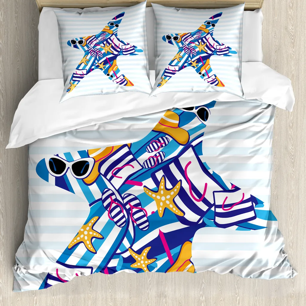 ABAKUHAUS Copripiumino Stella marina, Cartoon Sea Star, antiacaro, adatto a chi soffre di allergie, con federe, 200 cm x 200 cm - 80 x 80 cm, multicolore