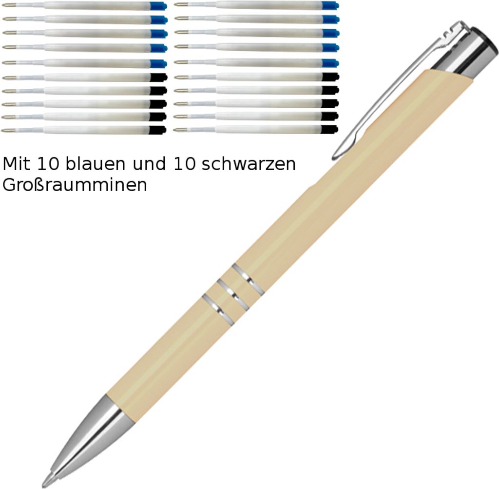 10 Kugelschreiber aus Metall / je 10 schwarze + blaue Minen / Farbe: elfenbein