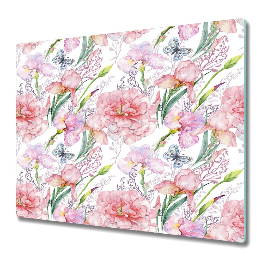 Küchenschneidebrett - Glasschneidebrett - Herdabdeckung - 60x52 - Pfingstrosen