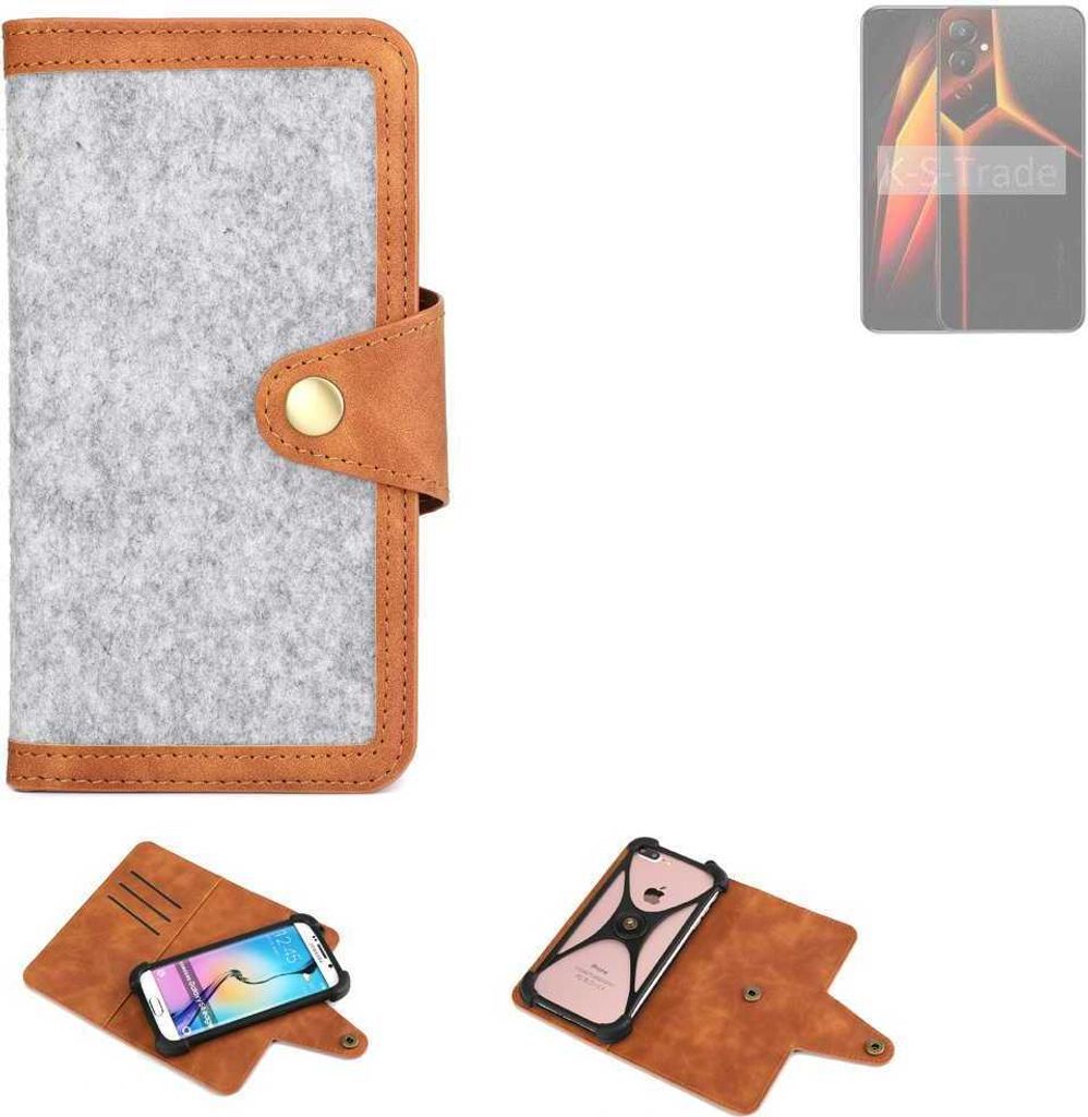 K-S-Trade Handyhülle kompatibel mit Tecno Pova 4 Pro Schutzhülle Filz-Hülle Kunst-Leder hellgrau braun (1x)