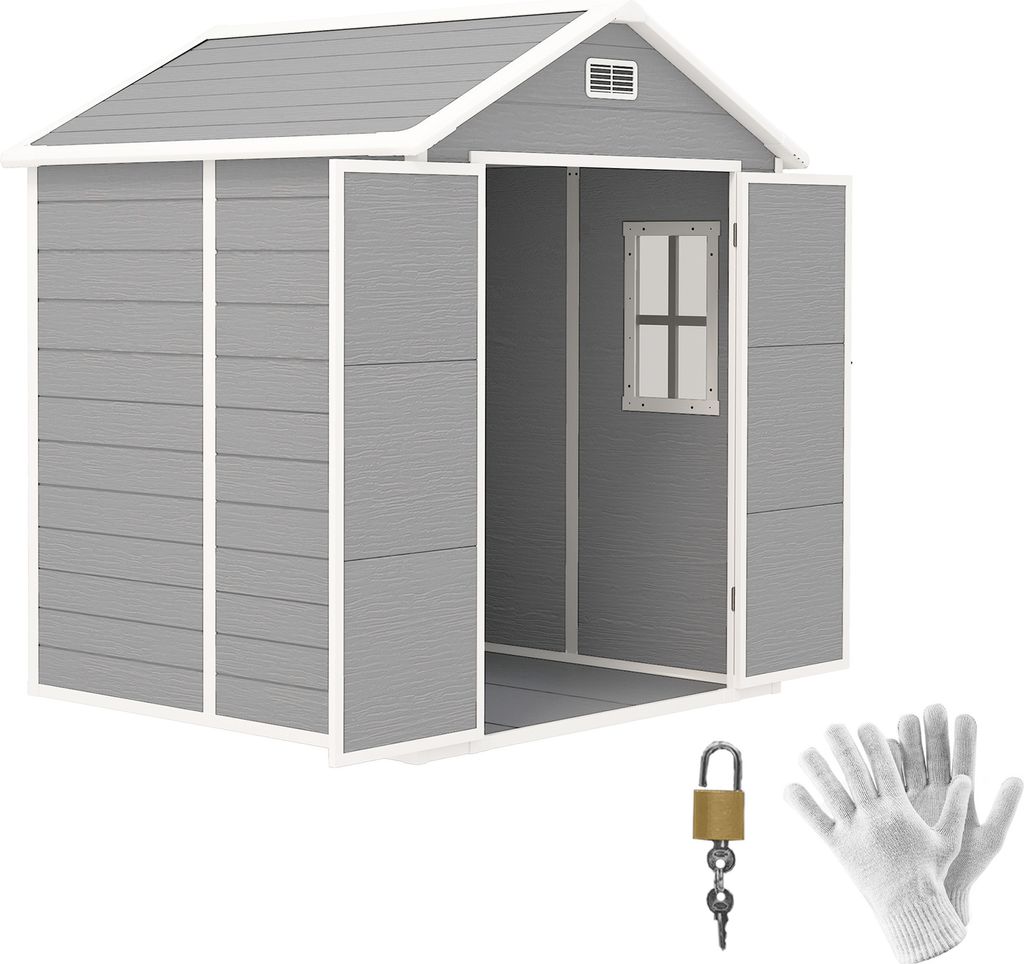 Outsunny Gerätehaus 2,4m², Wasserdicht Gartenhaus mit Boden Pultdach, Geräteschuppen mit Abschließbar Tür, für Hinterhof, Garten, Grau
