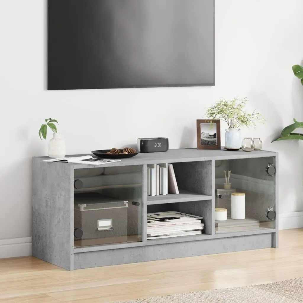 Meuble TV 102 cm pour petit appartement avec rangement vitré gris béton