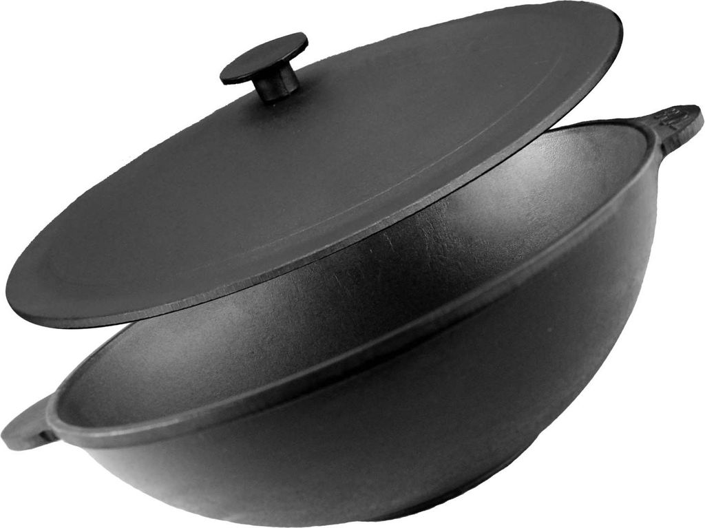 Ø28 cm Wok Bratpfanne aus Gusseisen mit zwei griffen + Deckel aus Gusseisen Asia Wokpfanne Induktion