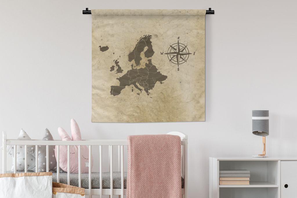 MuchoWow Wandteppich Wandbehang Karten - Europa - Windrose - Vintage 90x90 cm Tapisserie Dekoration Wandtuch - Wandaufhänger