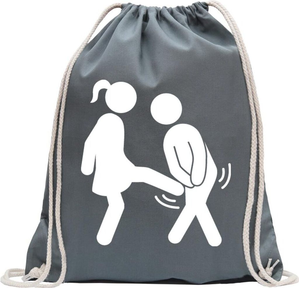 Kiwistar - Turnbeutel - stahlgrau - Frau vs. Mann - Fun Rucksack Sport Beutel Gymsack Baumwolle mit Ziehgurt