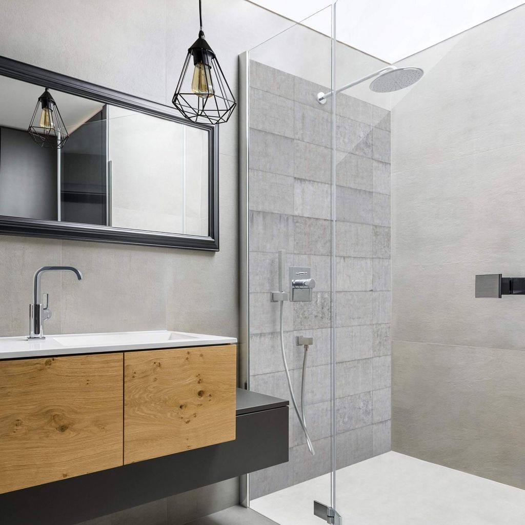 Duschrückwand mit Motiv selbstklebend - 0.35 mm Wandpaneel wasserfest Zement grau Steinoptik Industrial Badrückwand fugenlos Smart matt 110x200 cm