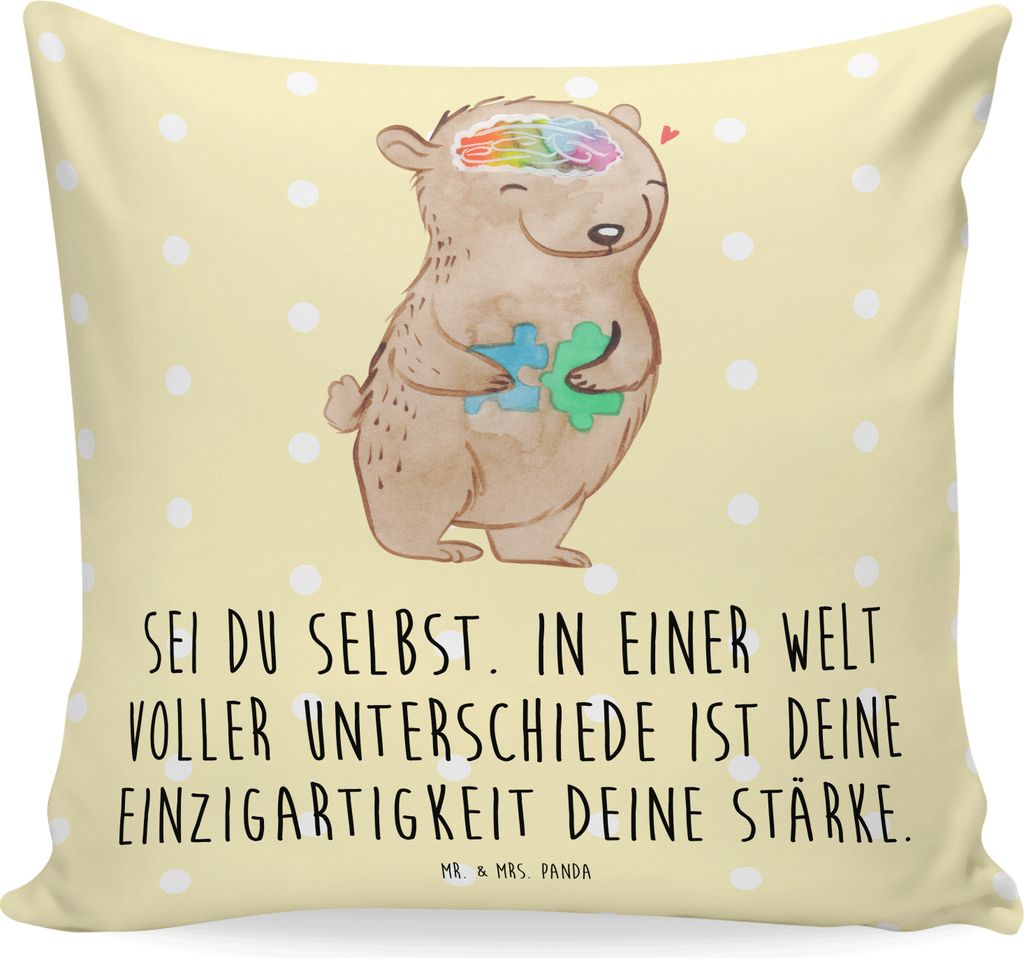 Mr. & Mrs. Panda Kissen 40x40 Bär Autismus - Gelb Pastell - Geschenk, Sofa, bedruckt, Autismus-Spektrum-Störungen, Bedrucktes, Asperger, Polster,...