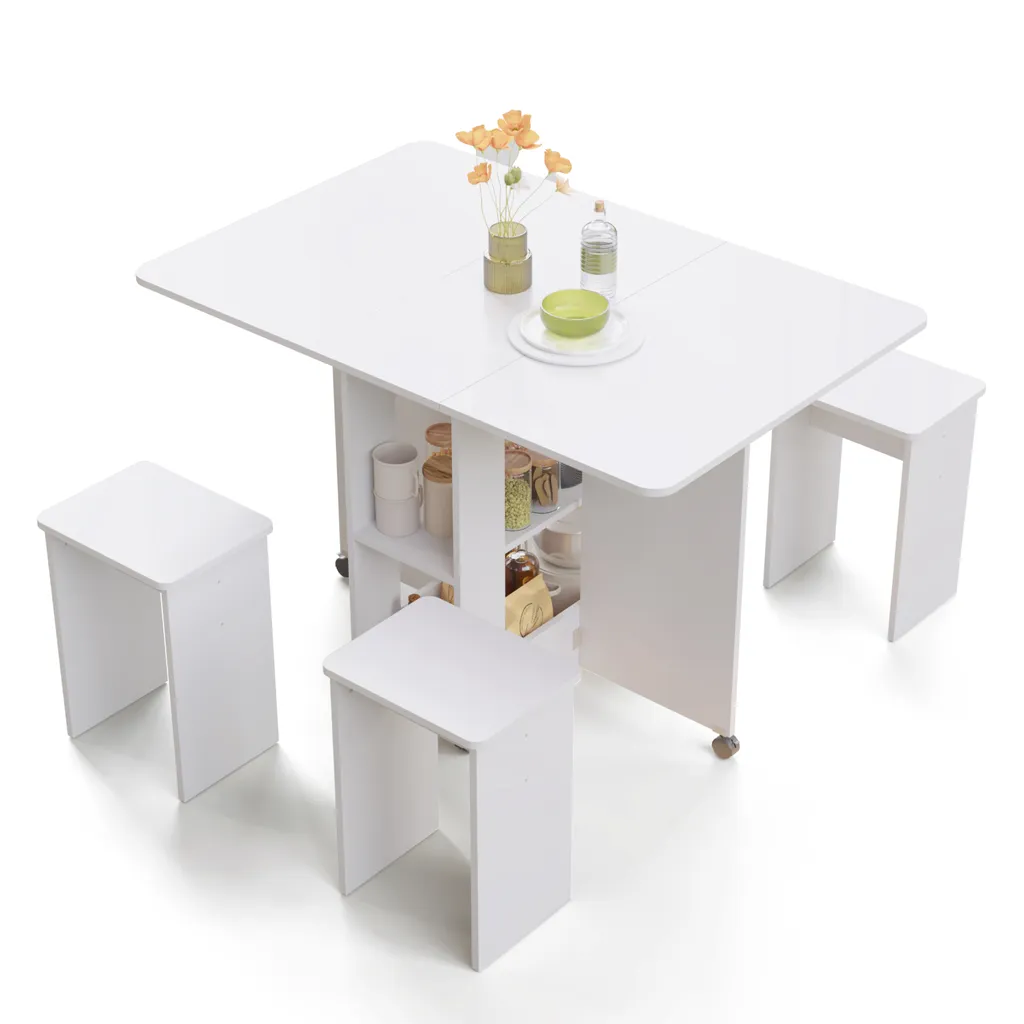 Table à Manger Gain de Place avec 4 Tabourets Encastrables, Blanc - 14